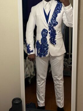 White Men's Blazer with Royal Blue Embroidery